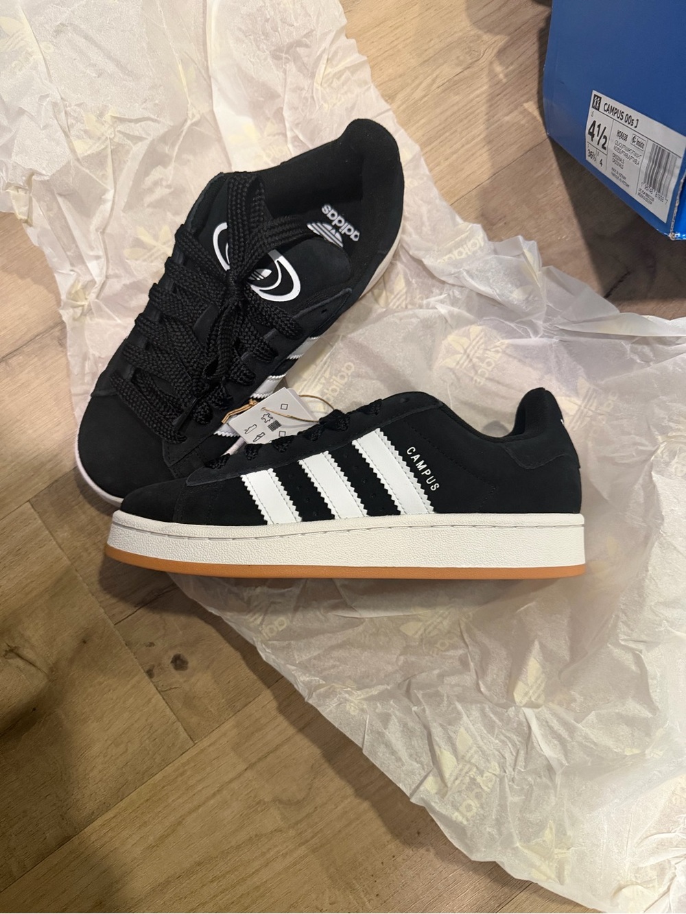 adidas Campus Black Sneakers with White Stripes and Gum Sole